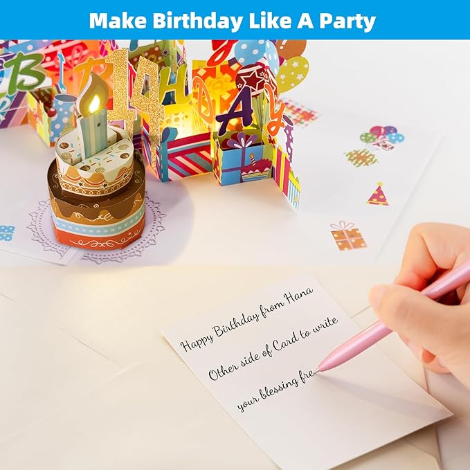 Gumry 14TH Musical Birthday PopUp Card, Blowable Colorful Light Candle 3D Cards with Song, Applause Cheers Sound, Greeting Cards Birthday Gifts Decorations for Girls Boys Turning 14 Years Old