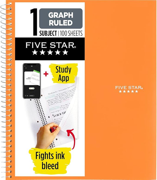 Five Star Spiral Notebook + Study App, 1 Subject, Graph Ruled Paper, Fights Ink Bleed, Water Resistant Cover, 8-1/2" x 11", 100 Sheets, Sedona Orange (620000CD1)