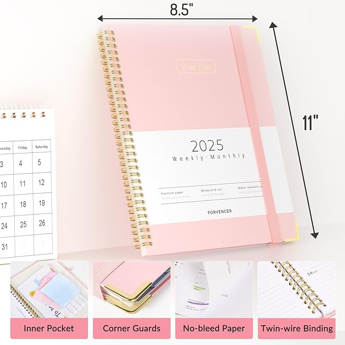 Forvencer 2025 Planner, Hardcover Weekly and Monthly Planner, January 2025 - December 2025, 8.5" x 11", Spiral Calendar Planner with Tabs, Exquisite Daily Organizer Notebook with Inner Pocket, Agenda Journal for Office Home School, A4 Size, Purple