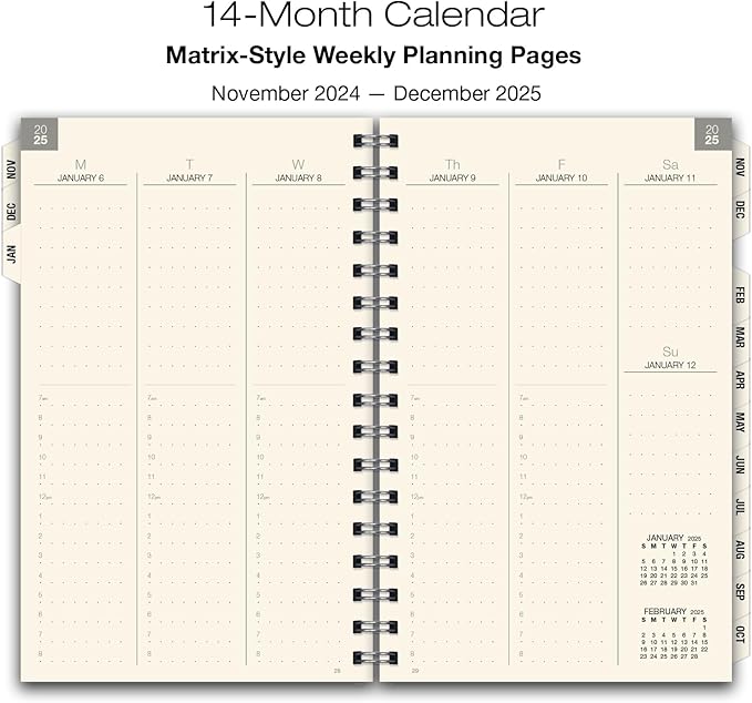 ESSENTIAL 2025 Monthly & Weekly Planner with Tabs, 5"x8": 14 Months (November 2024 - December 2025), Professional, Simple, Easy-to-Use Design and Frosted Poly Cover for Extra Protection (Frosted)