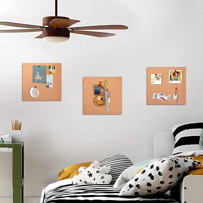 FEBSNOW Cork Board, 3 Pack Strong Self-Adhesive Cork Board Tiles Square 7.9 * 7.9inch Cork Boards for Walls Bulletin Board with 50 Multi-Color Push Pins