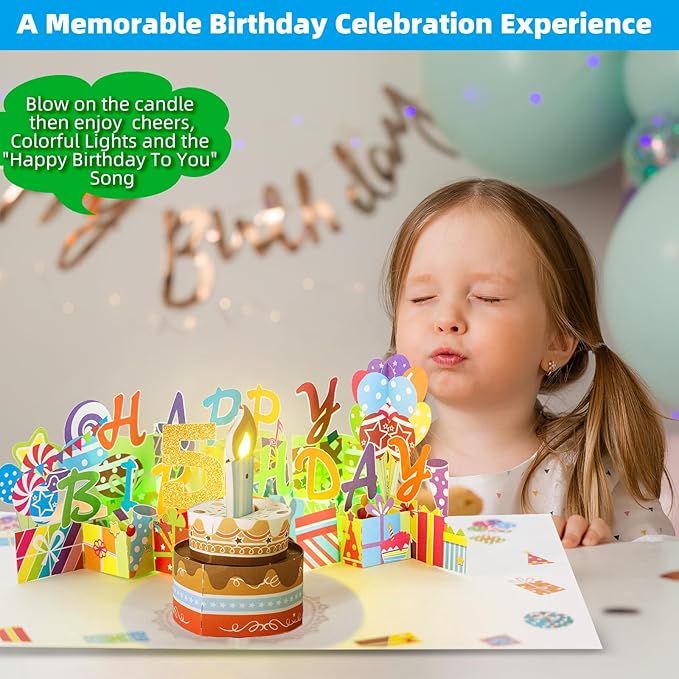 Gumry 5TH Musical Birthday PopUp Card, Blowable Colorful Light Candle 3D Cards with Song, Applause Cheers Sound, Greeting Cards Birthday Gifts Decorations for Daughter Son Turning 5 Years Old