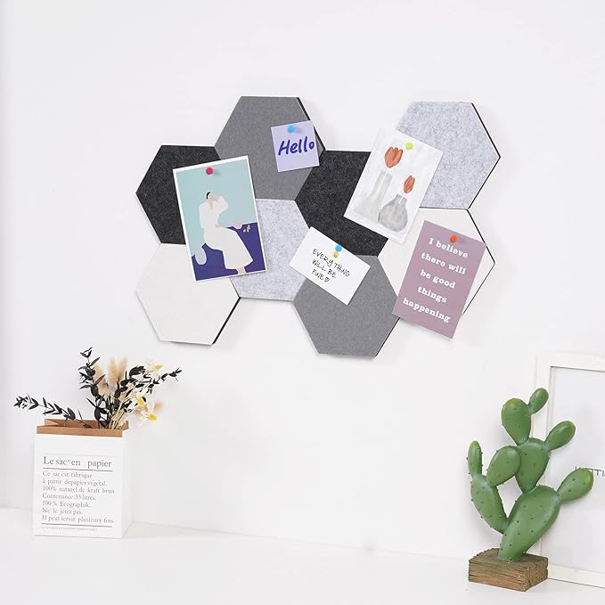 LAJAR 8 Pcs Hexagon Felt Bulletin Board Tiles, Self Adhesive Felt Pin Board Wall Tiles for Photos, Pictures, Memos (Gray)