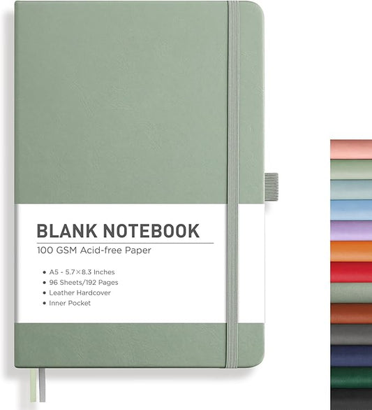 RETTACY Blank Journal Notebook, A5 Blank Journal with 192 Pages, 5.7'' × 8.3'' Medium Size, 68 LB/100 GSM Thick Paper, Leather Hardcover, for Sketching, Drawing, Painting (Sage Green)