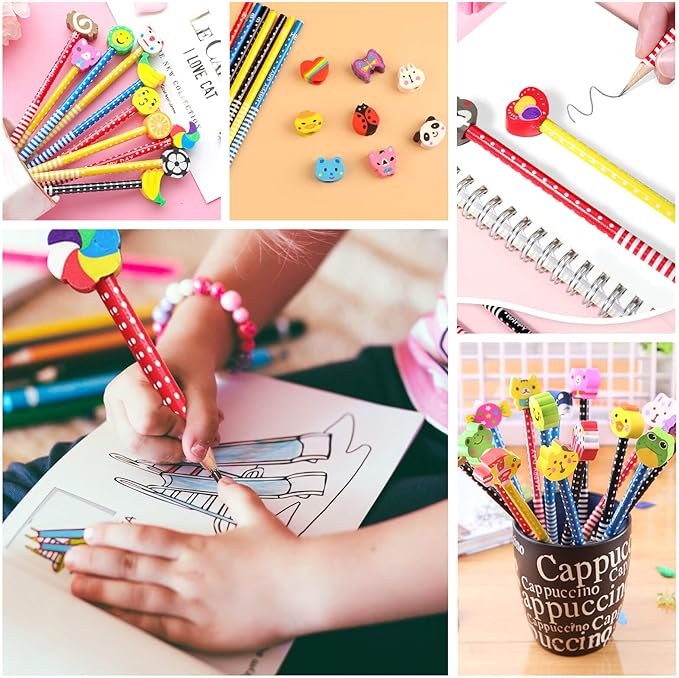 BUSHIBU Cute Pencils for Kids, Fun Pencil with Erasers Toppers, Woodcased #2 Pencils for School Classroom(12 Pack)