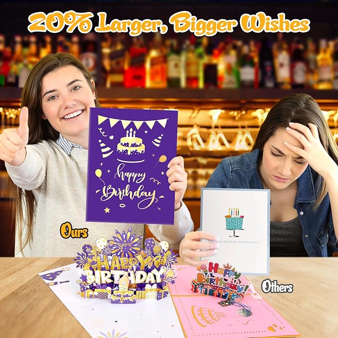 Birthday Card | Musical Pop Up Greeting Card w Light | Blow Out LED Light Candle & Play Happy Birthday Music Pop Up Card | Greeting Cards Gifts for Him or Her | Purple Gold (Blowable Candle)