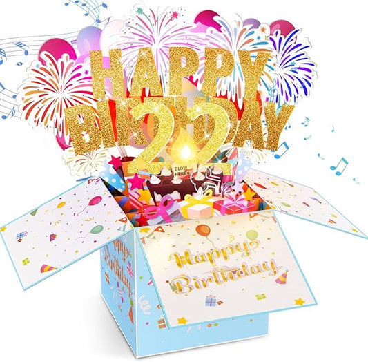 Tnvee 22TH Birthday Cards with Lights & Music & Candle, 3D Pop Up Singing Happy Birthday Greeting Cards Gfits for 22 Years Old Girl Boy Friends