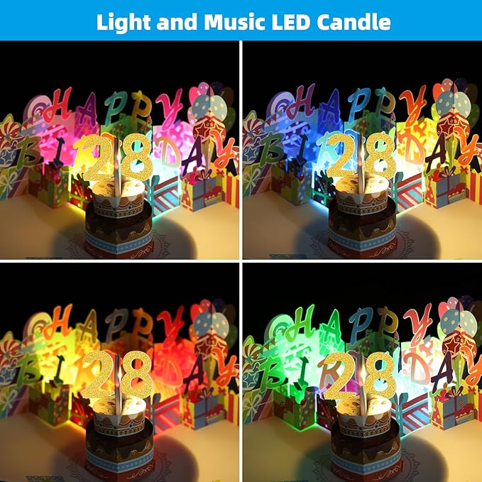 Gumry 28TH Musical Birthday PopUp Card, Blowable Colorful Light Candle 3D Cards with Song, Applause Cheers Sound, Greeting Cards Birthday Gifts Decorations for Women Men Turning 28 Years Old