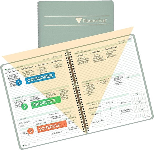 Planner Pad Spiral Bound 3-Tier Funnel Down 12 Month Organizer, Oct 1st Start (Oct 2023 - Sept 2024), Greenish Grey Cover/Soft Green Ink, 8 1/2" x 11"