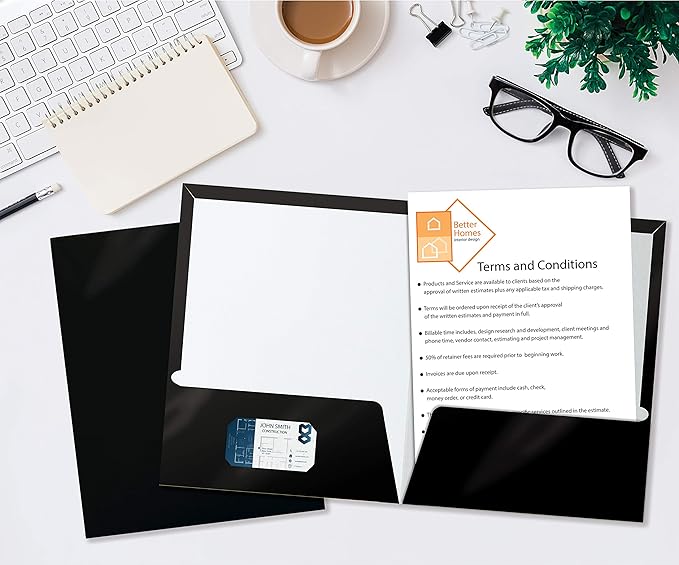 Better Office Products 2-Pocket Glossy Laminated Paper Folders, Letter Size, Black Portfolios Box of 25