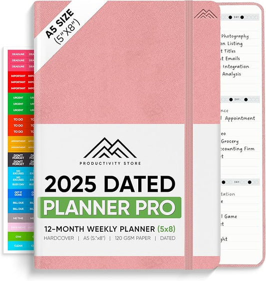 PRODUCTIVITY STORE Pro - Dated, 2025 Planner, 5.8” x 8.3” - The #1 Productivity Planner to Achieve Your 2025 Goals - Planner 2025-2026 - Pink - A5