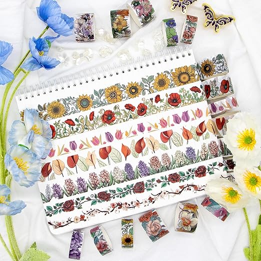 Flower Washi Tape Set, 34 Rolls Floral Tapes for Journaling Supplies, 25mm and 15mm Decorative Tape for Crafts, Christmas Gifts for Moms, Girlfriends, Kids (Rose, Sunflower, Lavender)