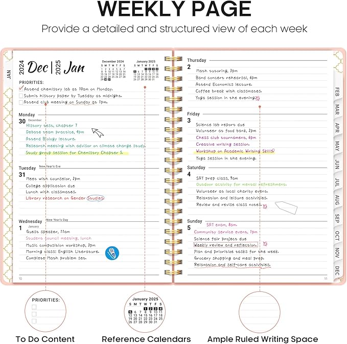 2025 Planner - Weekly and Monthly Planner Spiral Bound, January 2025 - December 2025, Hardcover 2025 Calendar Planner Book with Tabs, Inner Pocket, Perfect for Office Home School Supplies - A4 (8.5" x 11"), Pink