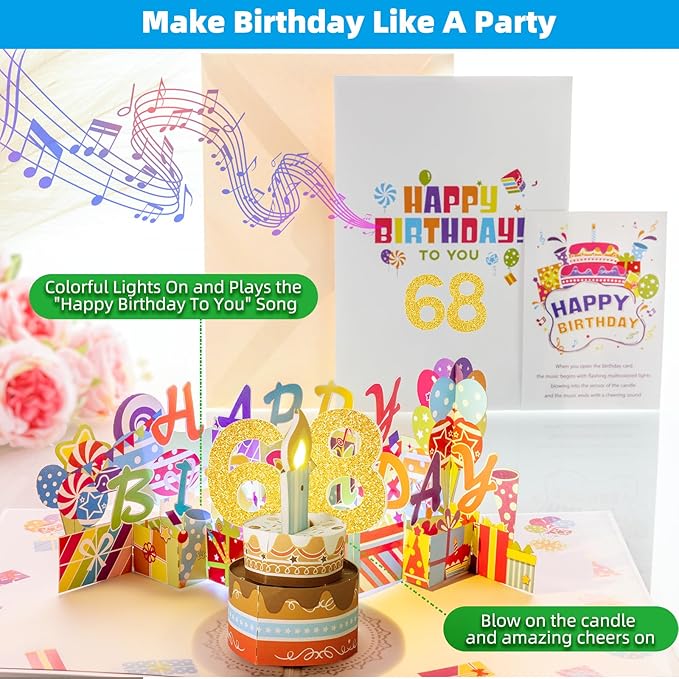 Gumry 68TH Musical Birthday PopUp Card, Blowable Colorful Light Candle 3D Cards with Song, Applause Cheers Sound, Greeting Cards Birthday Gifts Decorations for Women Men Turning 68 Years Old