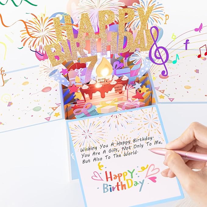 Tnvee 7TH Birthday Cards with Lights Music, 3D Pop Up Singing Happy Birthday Greeting Cards Gifts Ideal for 7 Year Old Kids Boy Girl
