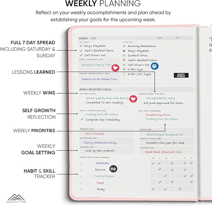 PRODUCTIVITY STORE Pro - Dated, 2025 Planner, 5.8” x 8.3” - The #1 Productivity Planner to Achieve Your 2025 Goals - Planner 2025-2026 - Pink - A5