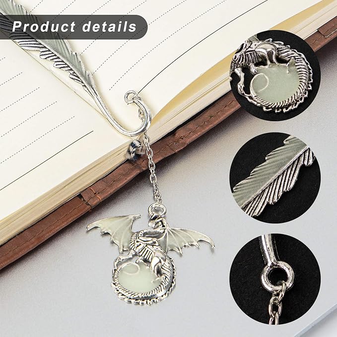 2 Pack Feather Metal Bookmark with Luminous 3D Butterfly Pendant & Dragon, Unique Glow in The Dark Bookmark Gift for Men Women (Dragon & Butterfly)