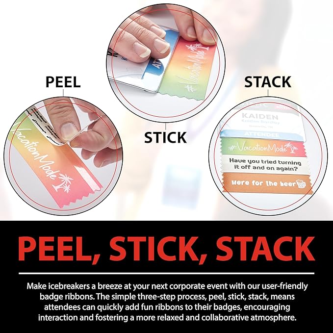 Icebreaker Corporate Badge Ribbons with Adhesive, 3-1/2 x 1-5/8” 100pk (10 Titles, 10 per Title), Satin Ribbon