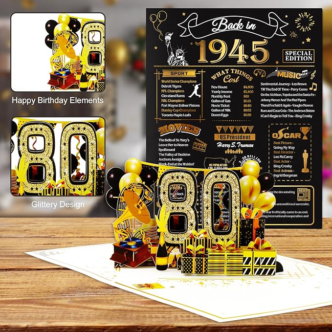 80th Birthday Card for Men Women, Funny 3D Pop Up 80th Birthday Gifts for Grandma Mom Dad, Back In 1945 Happy 80 Year Old Birthday Decorations Cards for Her Him