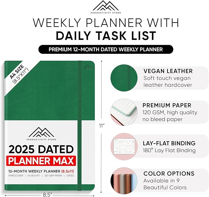 PRODUCTIVITY STORE Pro Max - Dated, 2025 Planner, 8.5" x 11" - The #1 Productivity Planner to Achieve Your 2025 Goals - Planner 2025-2026 - Green - A4