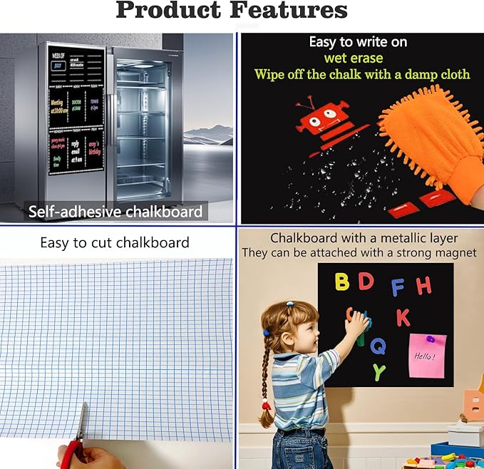 Magnetic Chalkboard Contact Paper 17" x 24" Self Adhesive Wall Board Sticker with Liquid Chalk for Kids Black Chalk Board Wallpaper Roll Alternative Magnetic Blackboard Paint