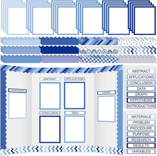 90 Pcs Science Fair Board Supplies 60 Trim Scalloped Bulletin Board Borders 24 Presentation Board Subtitles 6 Science Fair Titles for Classroom Display Boards (Blue Boho)