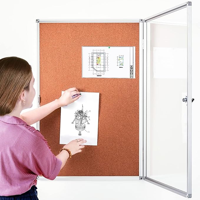 BIBOC Enclosed Cork Bulletin Board Display Cases Tamperproof Notice Poster Memo Board with Aluminum Frame,36x24 inches (Cork)