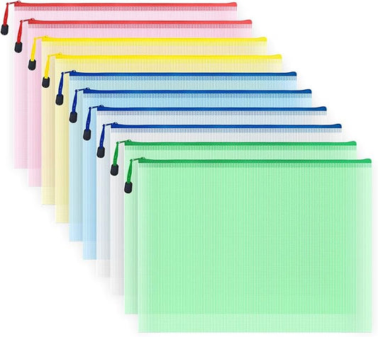 AUSTARK 10 Pcs Zipper File Bags, Waterproof Plastic Mesh Pouch for Office School, Board Game Storage Bags (B4 Size 15''x11'', Multicolored)