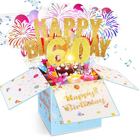 Tnvee 60TH Birthday Cards with Lights & Music & Candle, 3D Pop Up Singing Happy Birthday Greeting Cards Gfits for 60 Years Old Women Man Mom Dad Grandma Grandfa