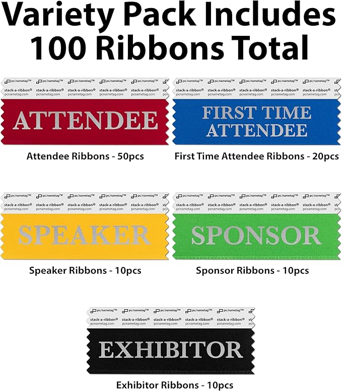 Conference Badge Ribbons with Adhesive, 4 x 1-5/8”, 100pk (50 Attendee, 20 First Time, 10 Sponsor, 10 Exhibitor, 10 Speaker), Satin