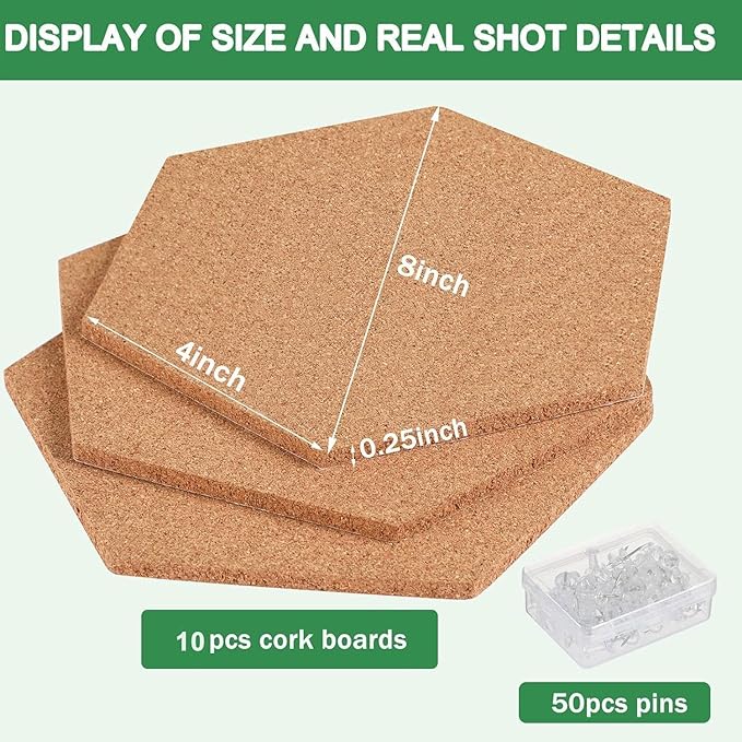 FEBSNOW 10 Pack Self-Adhesive Cork Board Tiles Hexagonal Cork Board Mini Wall Bulletin Board with 50 Multi-Color Push Pins