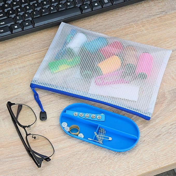 AUSTARK 20 Pcs Zipper File Bags, Plastic Mesh Pouch, Board Game Storage Bag, Waterproof Bags for Office School (A5 Size 9.2''x6.7'', White and Blue)