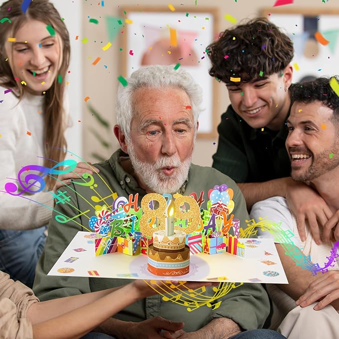 Gumry 89TH Musical Birthday PopUp Card, Blowable Colorful Light Candle 3D Cards with Song, Applause Cheers Sound, Greeting Cards Birthday Gifts Decorations for Women Men Turning 89 Years Old
