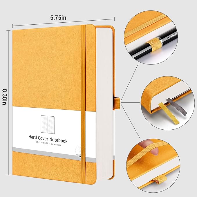 AHGXG Bullet Dotted Journal - 320 Numbered Pages Dot Grid Notebook A5 Thick Journal, 100gsm Thick Dotted Paper, Leather Hardcover,Inner Pocket, 5.75'' × 8.38'' - Yellow