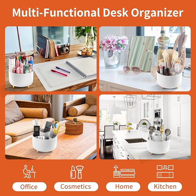 Desk Pen Holder, 5-Slot 360 Rotating Pencil & Pen Organizer - Desktop Storage Stationery Supplies Organizer, Cute Pencil Cup Pot for Office, School, Home, Art Supply, White