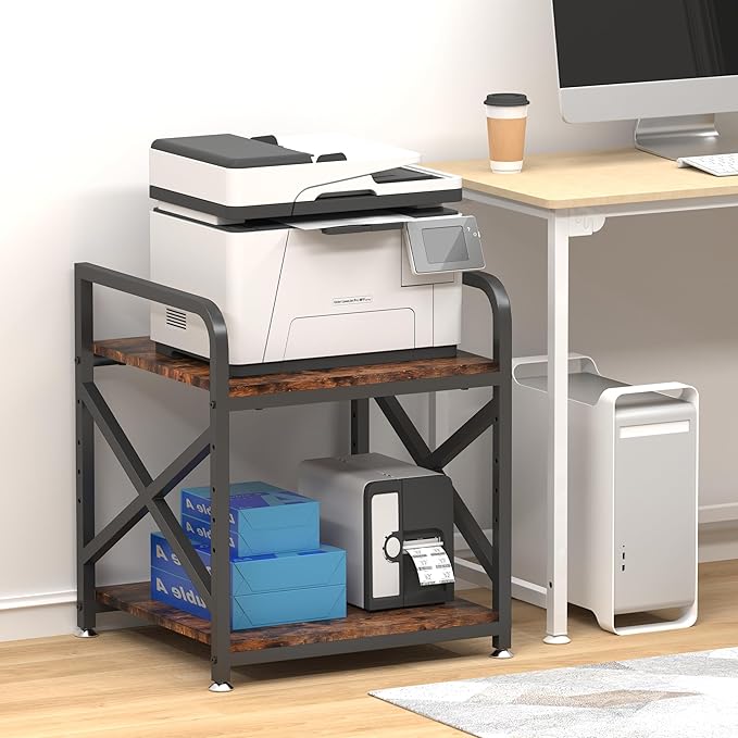 Ollieroo 2 Tier Printer Stand with Storage Shelf, Printer Table with Height Adjustable Top Shelf, Under Desk Storage Printer Cart for Paper Shredder Scanner, 3D Printer Stand for Home Office(Vintage)