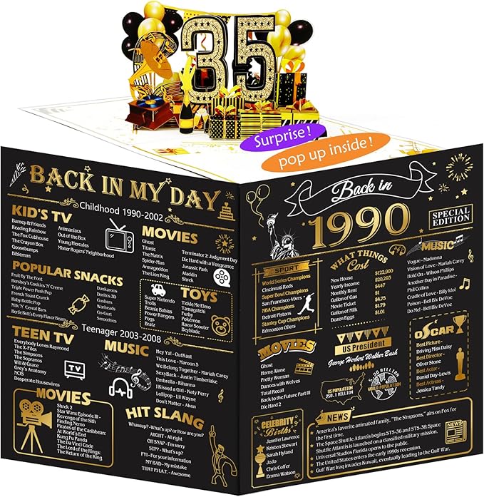 35th Birthday Card for Men Women, 3D Pop Up 35th Birthday Gifts Cards for Him Her, Back In 1990 Funny 35 Year Old Birthday Decorations