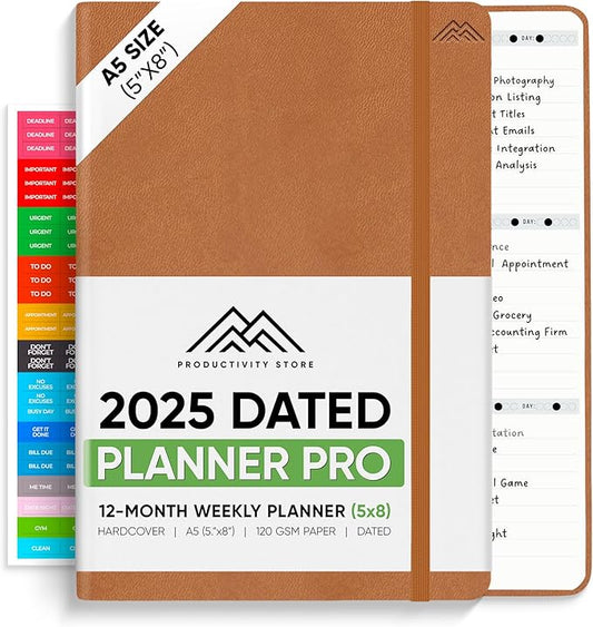 PRODUCTIVITY STORE Pro - Dated, 2025 Planner, 5.8” x 8.3” - The #1 Productivity Planner to Achieve Your 2025 Goals - Planner 2025-2026 - Brown - A5