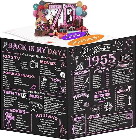 70th Birthday Card for Women, Jumbo 3D Pop Up 70th Birthday Gifts for Mom Grandma, Back In 1955 Happy 70 Year Old Sister Birthday Decorations Cards Card for Her, Rose Gold