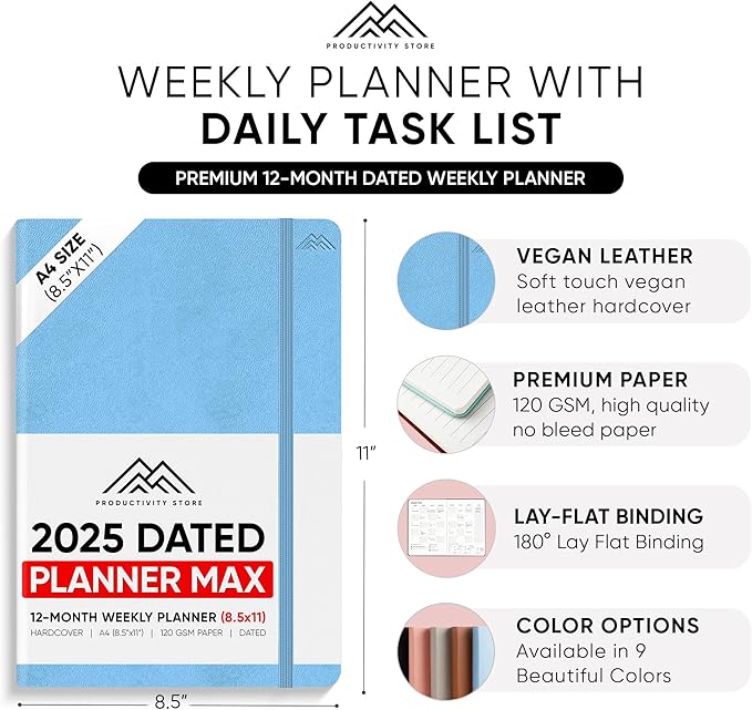 PRODUCTIVITY STORE Pro Max - Dated, 2025 Planner, 8.5" x 11" - The #1 Productivity Planner to Achieve Your 2025 Goals - Planner 2025-2026 - Blue - A4