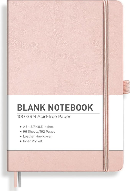 RETTACY Blank Journal Notebook, A5 Blank Journal with 192 Pages, 5.7'' × 8.3'' Medium Size, 68 LB/100 GSM Thick Paper, Leather Hardcover, for Sketching, Drawing, Painting (Rose Gold)