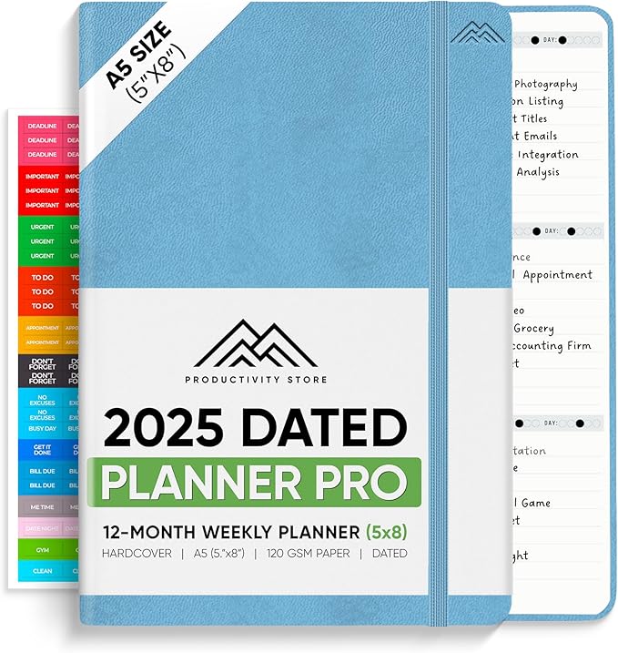 PRODUCTIVITY STORE Pro - Dated, 2025 Planner, 5.8” x 8.3” - The #1 Productivity Planner to Achieve Your 2025 Goals - Planner 2025-2026 - Blue - A5