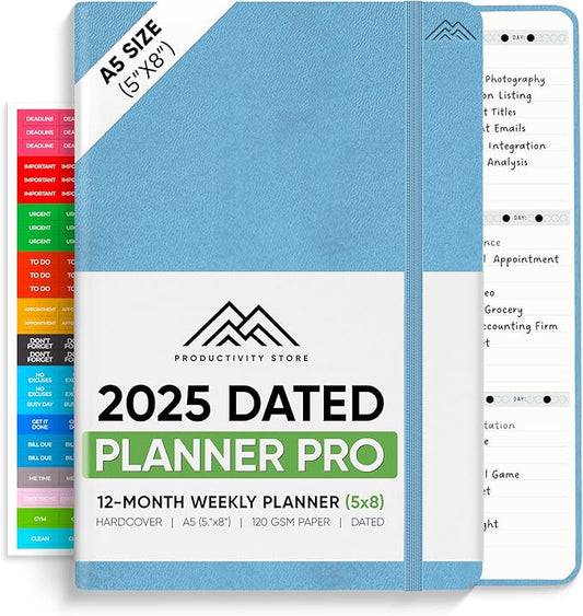 PRODUCTIVITY STORE Pro - Dated, 2025 Planner, 5.8” x 8.3” - The #1 Productivity Planner to Achieve Your 2025 Goals - Planner 2025-2026 - Blue - A5