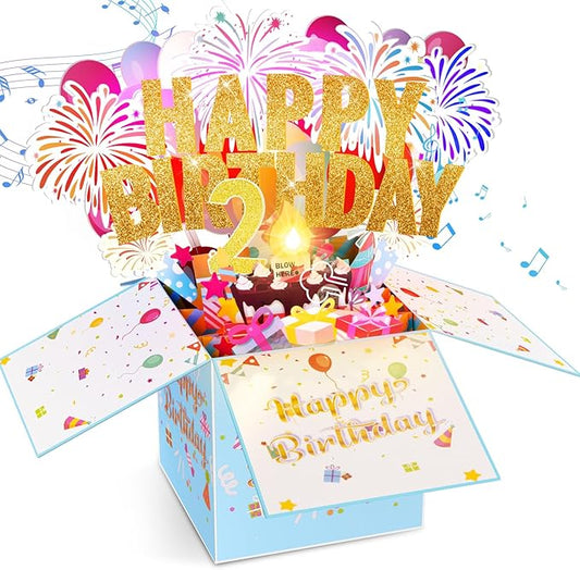 Tnvee 2ND Birthday Cards with Lights Music, 3D Pop Up Singing Happy Birthday Greeting Cards Gifts Ideal for 2 Year Old Kids Boy Girl