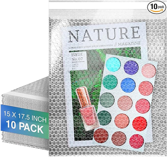Clear Bubble Out Bags, 15 x 17.5 Inches. 10 Pack Self Seal Bubble Pouches. Polyethylene Clear Bubble Bags for Packing. Waterproof Clear Bubble Out Pouches for Fragile Things