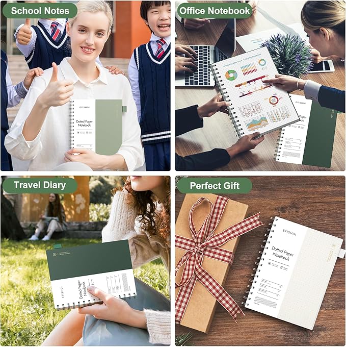 EMSHOI Spiral Notebook Bullet Dotted Journal, A5 Dotted Grid Notebook with 300 Pages, 100gsm Thick Paper, Waterproof Softcover Notebook for School Work Writing, 5.7" × 8.22" - Dark Green