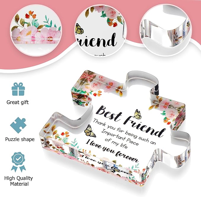 VELENTI Gift for Best Friend for Women - Engraved Acrylic Puzzle Piece - Bestie Present with Cute Quote - Friendship Gifts for Birthday, Christmas, Thanksgiving - Adorable Decoration Piece for Home