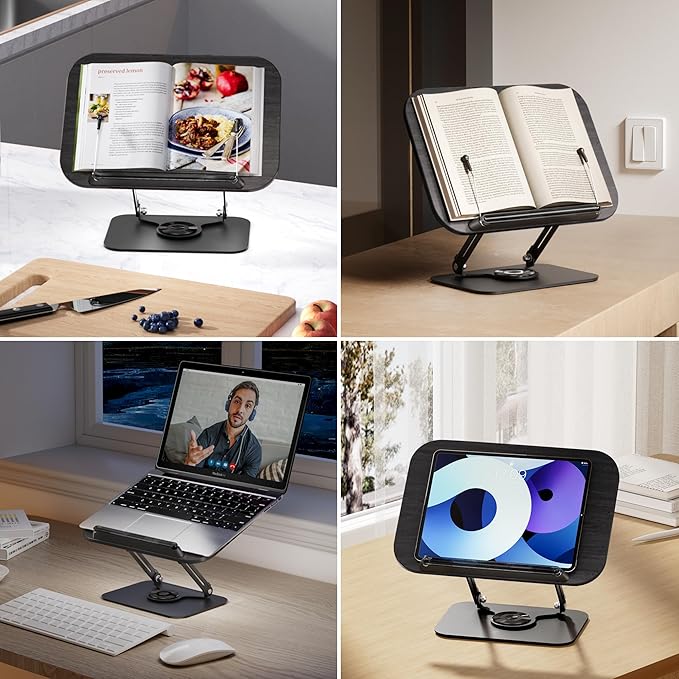 Book Stand for Reading, Adjustable Book Holder with 360° Rotating Bases, Foldable Designs, and Elastic Clips, Multifunctional Display Stand for Recipe, Cookbooks, Magazines, Tablets (Black)