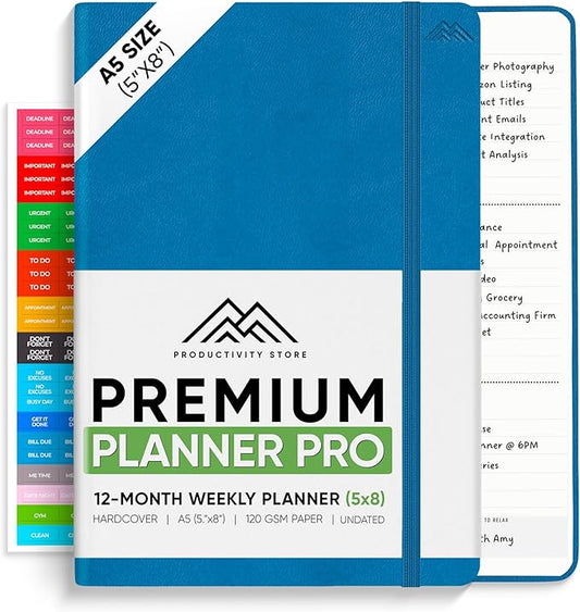PRODUCTIVITY STORE Pro - Undated, 2025 Planner, 5.8” x 8.3” - The #1 Productivity Planner to Achieve Your 2025 Goals - Planner 2025-2026 - Navy - A5
