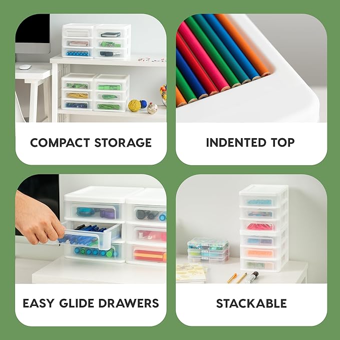 IRIS USA Plastic Stacking Desk Top 3-Drawer Storage Organizer, 4-Pack, for Makep Vanity Nail Polish Bathroom Stationery Art Craft Supplies Kitchen Office Garage and Small Organization, Small, White